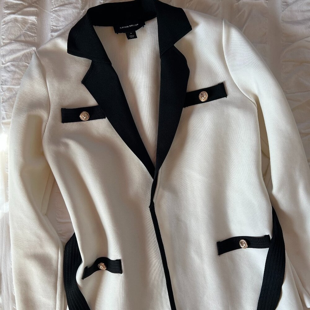 Karen Millen White and Black Tie Front Jacket with Gold Buttons, Size M